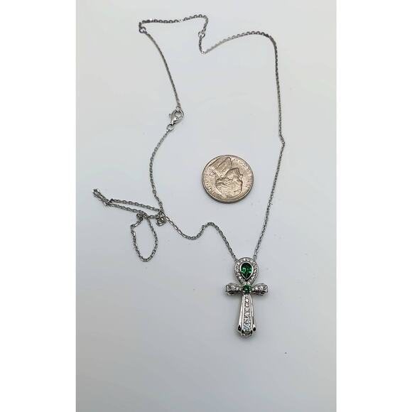 Sterling Silver Ankh Pendant w/ Moissanite & Emerald Green CZ NEW - Picture 2 of 2